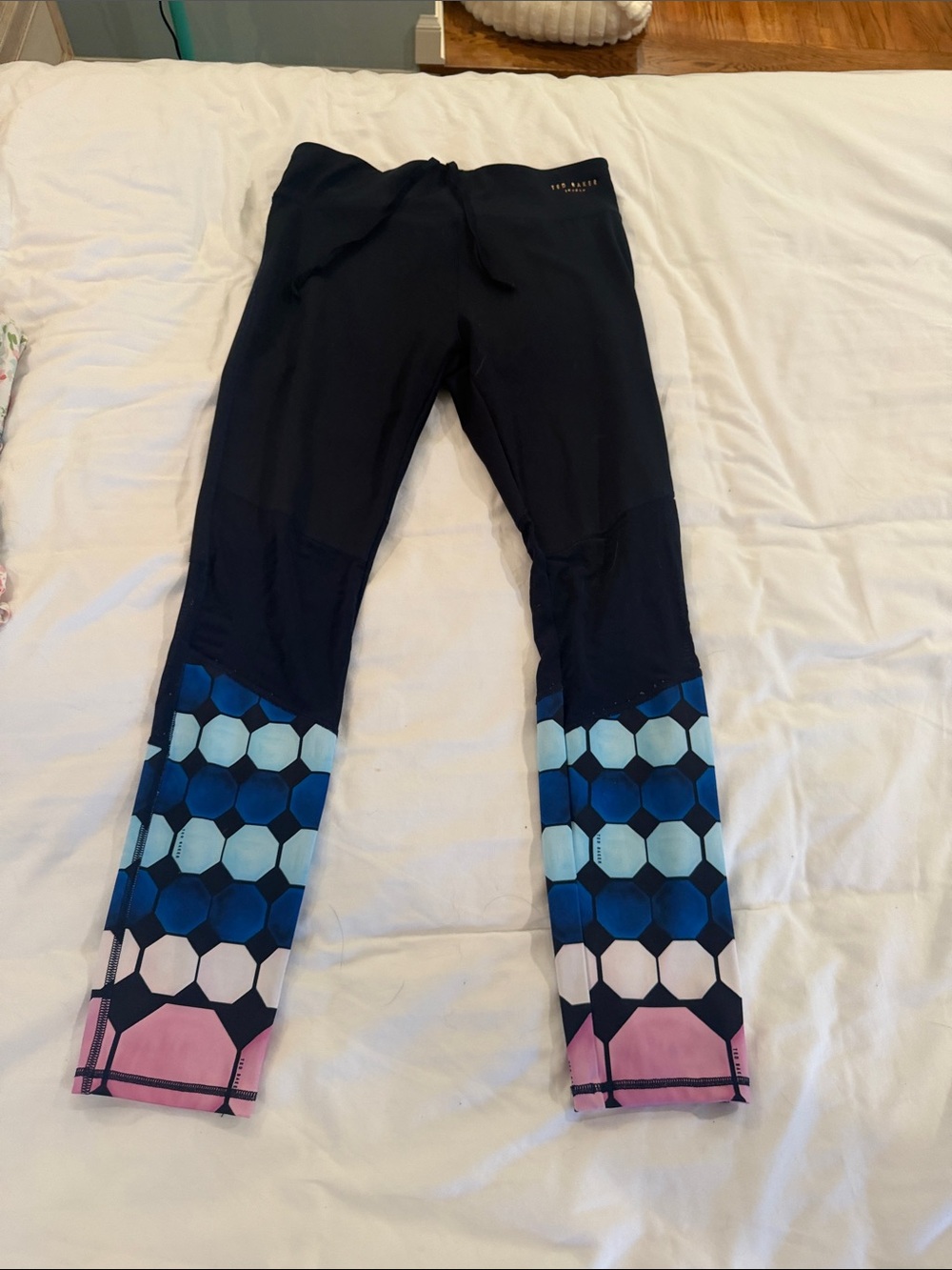 Ted Baker Navy Leggings with Blue Hex Print and Pink Hem Accents